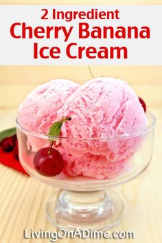 two scoops of cherry ice cream in a glass bowl