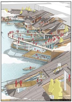 an artist's rendering of a floating dock with boats and people in the water