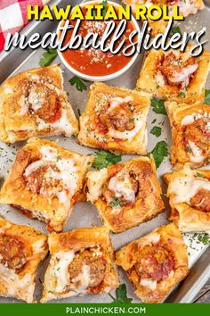 hawaiian roll meatballs sliders on a platter with dipping sauce in the background