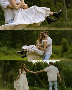 two people holding each other while walking through the grass with trees in the back ground