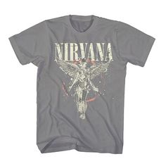 This Nirvana Galaxy In Utero t-shirt is officially licensed and manufactured by Merch Traffic. The front is screen printed on a asphalt t-shirt made from 100% cotton.  No design is on the back. Nirvana Tshirt, In Utero, Cool Graphic Tees, Band Shirts, One By One, Direct To Garment Printer, Nirvana, Gray Tshirt, Shirt Style