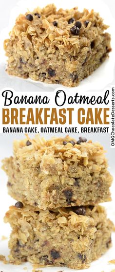 banana oatmeal breakfast cake is stacked on top of each other