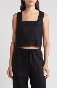 This lightweight linen tank top features a modern square neck, wide shoulder straps and an on-trend cropped hem. 18 1/2" length (size Medium) Square neck Lined 100% linen Dry clean Imported Black Linen Crop Top, Square Neck Linen Top, Black Summer Top With Straight Neckline, Elegant Cropped Linen Crop Top, Elegant Linen Cropped Top, Black Linen Sleeveless Tank Top, Elegant Linen Crop Top For Summer, Modern Sleeveless Summer Crop Top, Modern Sleeveless Crop Top For Summer