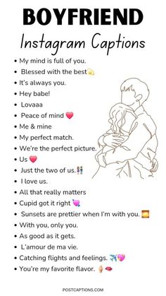 a poster with the words boyfriend and instagram captions on it, including an image of a man hugging a woman