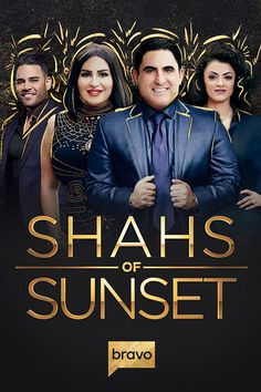 the poster for shas of sunset shows two men in suits and one woman in black