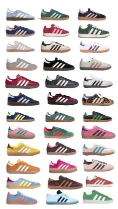 product listed below with all color options!!   SAMBA ORIGINALS  Born on the pitch, the Samba is a timeless icon of street style. This silhouette stays true to its legacy with a tasteful, low-profile, soft leather upper, suede overlays, and gum sole, making it a staple in everyone's closet - on and off the pitch.  Details :  Regular fit Lace closure Full grain leather upper with gritty suede and gold foil details Synthetic leather lining; Gum rubber cupsole Gum rubber midsole Imported Product color: Cloud White / Core Black / gum Product code: B75806 Looks Adidas, Trendy Shoes Sneakers, Dr Shoes, Preppy Shoes, Girly Shoes, Shoe Inspo, Aesthetic Shoes