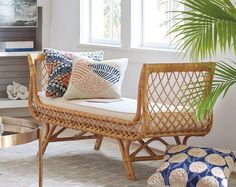 a living room with a couch, coffee table and potted plant