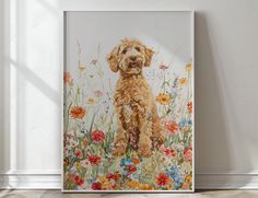 a painting of a dog sitting in the middle of a flowery field on a white wall