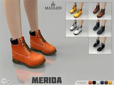 there are many different colored shoes in this picture and one is wearing them with the name merida on it