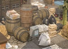 an animated image of barrels and boxes on the ground