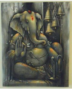 an elephant is sitting on the ground with bells hanging from it's back end