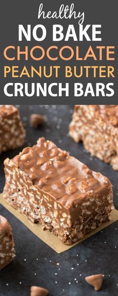 no bake chocolate peanut butter crunch bars with text overlay