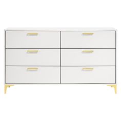 a white dresser with gold handles and drawers on the bottom, against a white background