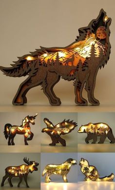 several different types of lights in the shape of wolfs and lions, all lit up