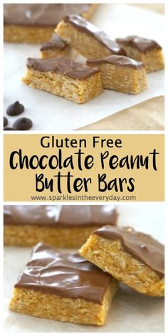 gluten free chocolate peanut butter bars are stacked on top of each other and ready to be eaten