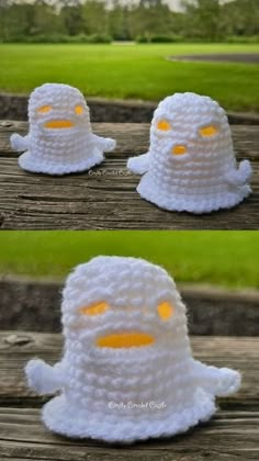 three crocheted white hats with yellow eyes and one has an angry face on it