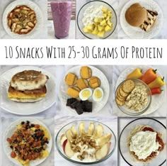 a collage of photos showing different types of foods and the words 10 snacks with 25 - 30 grains of protein