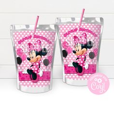 two minnie mouse cups with straws in them