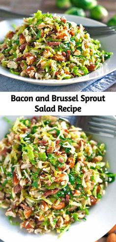 bacon and brussel sprout salad recipe on a white plate with a fork