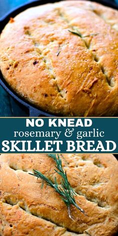 no knead rosemary garlic skillet bread in a cast iron pan with text overlay