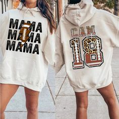 This Custom Mom Football Sweatshirt and custom football mom hoodie is perfect for showing your love and support for your child during football season! The mom shirt has a cute football jersey style which comes with your kid's name and football number on back. This football Mom Shirt is a perfect football Sweatshirt for Mom to wear for the entire football game day. Give any Sports Mom or football mama a gift she will love and use for her child or children playing sports. ------------------------- Football Hoodie Ideas, Football Season Game Day Cotton Hoodie, Cotton Hoodie For Football Season Game Day, Football Season Hoodie With Letter Print For Sports Events, Customizable White Hoodie For College, Casual Fall Hoodie With Name Print, White Hoodie For Game Day, Football Season, White Hoodie For Game Day During Football Season, White Pre-shrunk Hoodie For Game Day