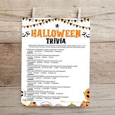 Get ready for a spooky fun time with this Halloween trivia game! Perfect for both kids and adults, this printable Halloween trivia game will test your knowledge of all things eerie and festive. Great for Halloween parties, classroom activities, or family gatherings. Simply download, print, and enjoy endless fun with your friends, classmates, or colleagues. 👻 You Will Receive8.5" x 11" PDF & JPG Format files Digital Product NoticePlease note: This is a digital download, not a physical product. Upon purchase, you will receive a digital file to print at home or send to a local print shop. How to Order1. Select your item and complete the purchase.2. After checkout, you'll receive an email with a download link within a few minutes.3. Download and save your files, then print at your convenience Halloween Trivia Questions, Halloween Trivia, Office Party Games, Retirement Invitations, Halloween Facts, Bridal Shower Banner, Printable Party Decorations, Gaming Banner, Trivia Game