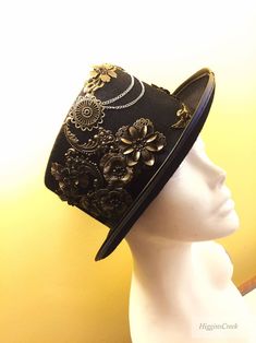 Steampunk High Crown Hat Band For Festivals, Steampunk Festival Hat Band, Steampunk Fitted Brimmed Top Hat, Punk High Crown Top Hat For Festivals, Steampunk Adjustable Hat Bands With Flat Crown, Steampunk High Crown Festival Hat, Vintage High Crown Top Hat For Costume Party, Vintage Top Hat For Costume Party, Victorian Adjustable Top Hat With High Crown