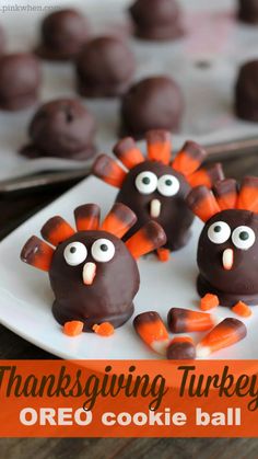 chocolate covered turkeys on a plate with candy balls in the background and text overlay that reads, thanksgiving turkey oreo cookie ball