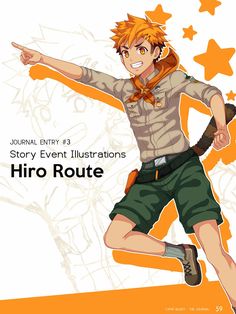 an anime character with orange hair and green shorts, pointing to the side while standing in front of stars