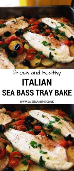 fresh and healthy italian sea bass tray bake with tomatoes, olives, potatoes