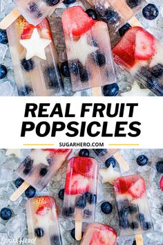 popsicles with fruit on top and text overlay reading real fruit popsicles