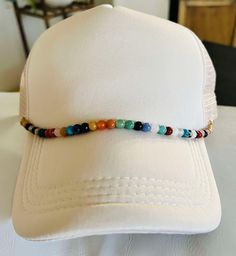 Unique multi-colored, glass beaded hat chain. Custom made to fit trucker hats.  Lobster Claw closure Multicolor Adjustable Beaded Necklace, Adjustable Beaded Necklaces With Bead Caps, Adjustable Multicolor Beaded Hats, Adjustable Beaded Necklaces, Adjustable Multicolor Beaded Bracelets With Bead Caps, Multicolor One Size Trucker Hat As Gift, Multicolor Trucker Hat As Gift, Multicolor Trucker Hat As A Gift, Multicolor Trucker Hat One Size Fits Most As Gift