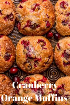 cranberry orange muffins on a baking sheet with the words cranberry orange muffins