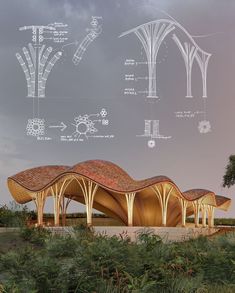 an architectural rendering of a pavilion in the middle of a field