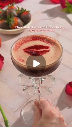 Kelly Pettit on Instagram: "Chocolate Covered Strawberry Espresso Martini 🍓🍫🌹

Couldn’t resist doing this kissy lips garnish again this year bc how perfect 🥹💋

(I saw this cute kiss stencil garnish idea from some aesthetic espresso martini insta pic years ago but couldn’t find the original! So if you come across the original post, DM me and I’ll edit the caption ❤️)

1.5 oz vodka
1 shot espresso
.75 oz strawberry puree syrup
.75 oz crème de cacao (I used white)
.25 oz cold brew liqueur
1/2 tsp beet root powder (optional for color)
Garnish: kiss stencil and crushed dehydrated strawberry powder or beet root powder

Method: combine all ingredients in a cocktail shaker with ice and shake vigorously for 30 seconds. Double strain into a coupe glass. Garnish with dehydrated strawberry powder