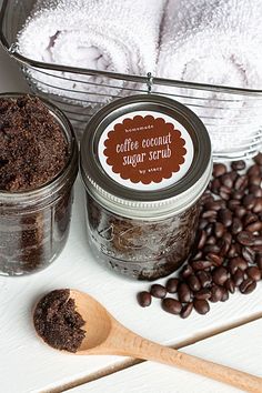 coffee sugar scrub in a glass jar next to some beans