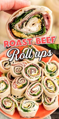 a plate full of rolls with the words roast beef roll ups on it and an image of