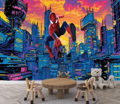 a spider man mural in a children's room