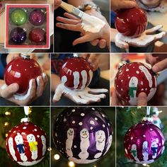 hand painted christmas ornaments are being displayed for the cameraman's eye - level view