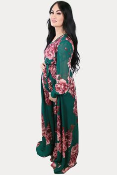 This is the perfect sweetheart floral pregnancy maxi. Features a gorgeous Emerald Green color with a large floral print. The sweetheart neckline is perfect for nursing, long loose sleeves, and a tie waistline to keep you comfy! An ideal floral baby shower maxi, date night dress, or just because. Designed for wear throughout all nine months of pregnancy and beyond! Date Night Dress, Emerald Green Color, Large Floral Print, Maternity Outfits, Pregnancy Months, Trendy Maternity, Loose Sleeves, Nine Months, Floral Baby Shower