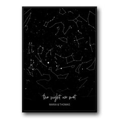 the night we met poster with stars in black and white ink on a dark background