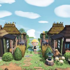 a cartoon character is standing in front of some small houses with plants and flowers on the ground