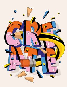 the word art is made up of different colored letters and shapes, including pencils