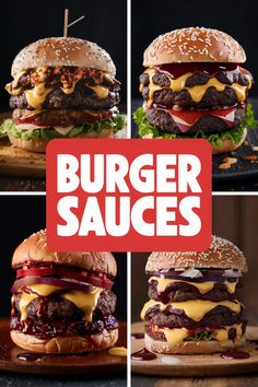 Four gourmet burgers with various sauces and toppings displayed around a sign that reads "Burger Sauces".