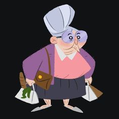 an old woman wearing a chef hat and carrying shopping bags