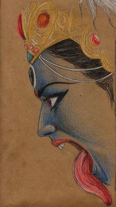 a drawing of a woman's face wearing a golden crown with feathers on her head