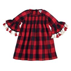 Red check dress is perfect for any time of the year.Elegant buffalo checks enhances the beauty of this cute dress.Tassels on the sleeves are enhancing the whole look of this pretty dress.Material : ViscoseColor : RedWashcare : Hand wash separately in cold water. Red Check Dress, Kids Smock, Reindeer Dress, Watermelon Dress, Girls Denim Dress, Village Christmas, Christmas Girls, Alpine Village, Girls Sundress