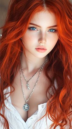 a woman with red hair wearing a necklace