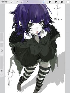 an anime character with purple hair and striped stockings