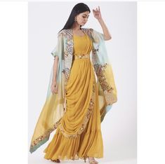 perniaspopupshop.com Gown Saree, Embroidered Cape, Georgette Gown, Zardosi Work, Diwali Outfits, Karwa Chauth, Yellow Gown, Saree Gown, A Line Kurta